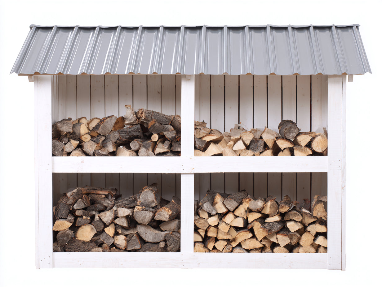 Leñero de jardín de madera y metal 220x55x180 cm - blanco-gris - con techo inclinado
