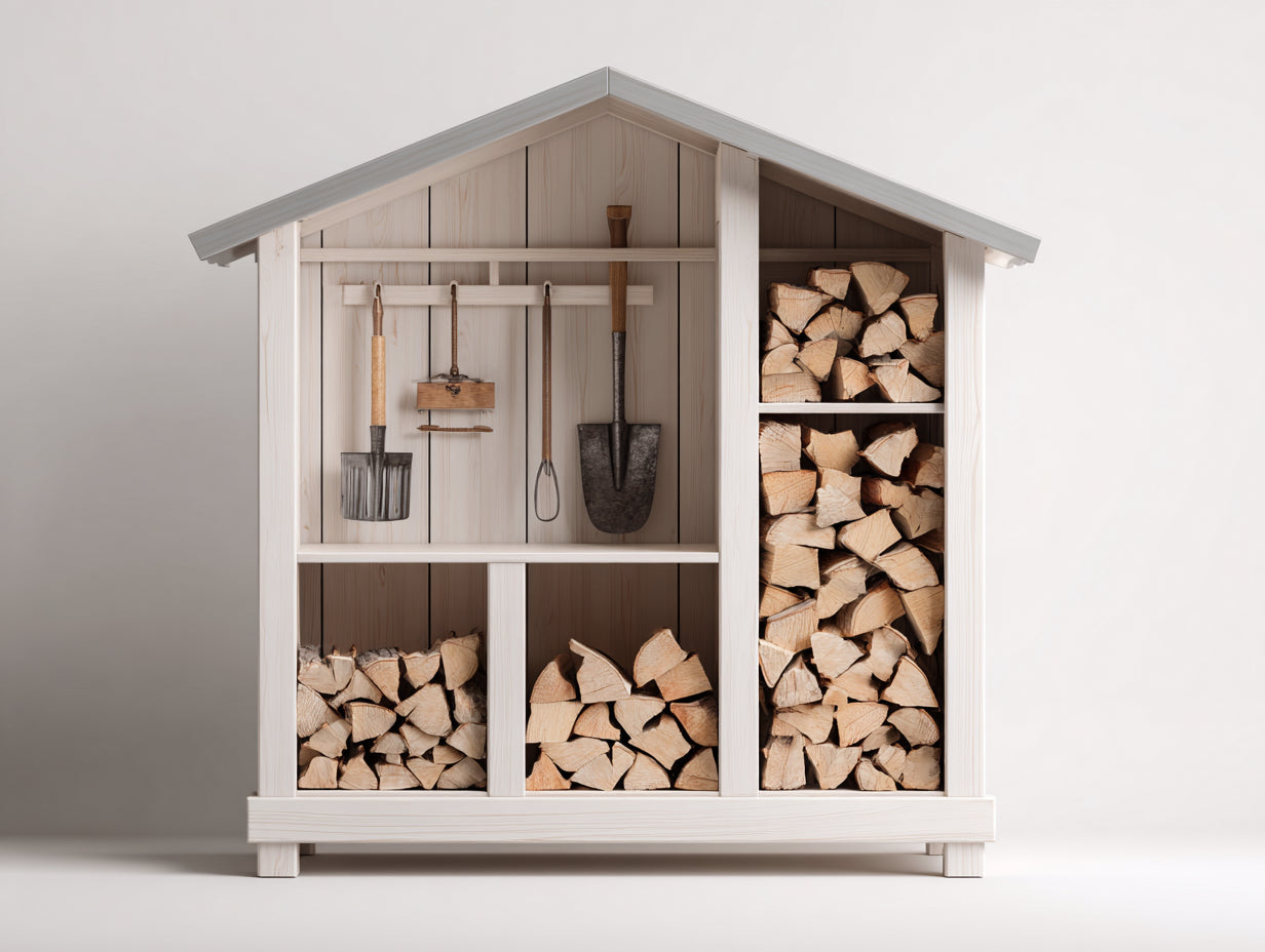 Leñero de jardín de madera 170x55x190 cm - blanco natural - diseño rústico con tejado