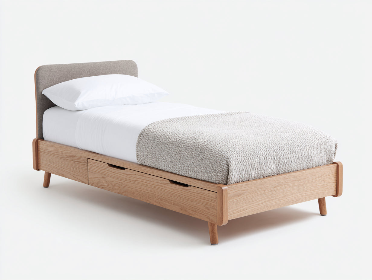 Camas individuales de madera y tela 204x98x86 cm - gris-marrón - para dormitorio moderno con almacenaje