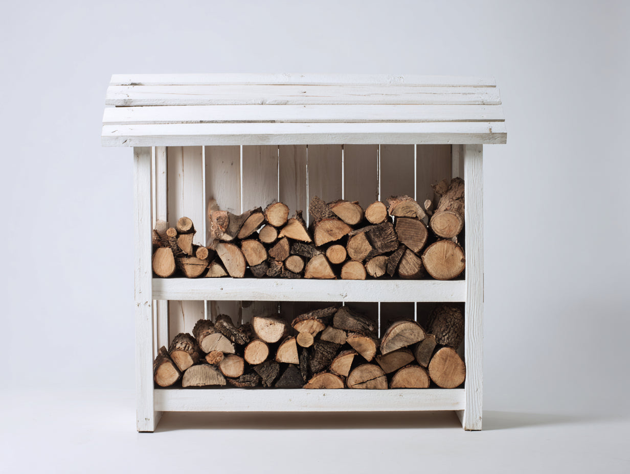 Leñero de jardín de madera 140x42x135 cm - blanco - diseño exterior rústico