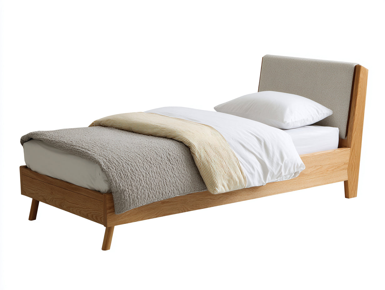Camas individuales de madera con cabecero tapizado 205x105x108 cm - roble claro y beige - estilo moderno