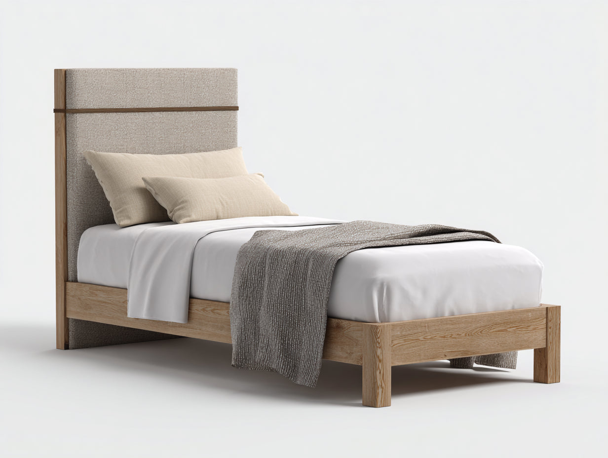 Camas individuales de madera y tela 205x100x125 cm marrón-beige diseño moderno
