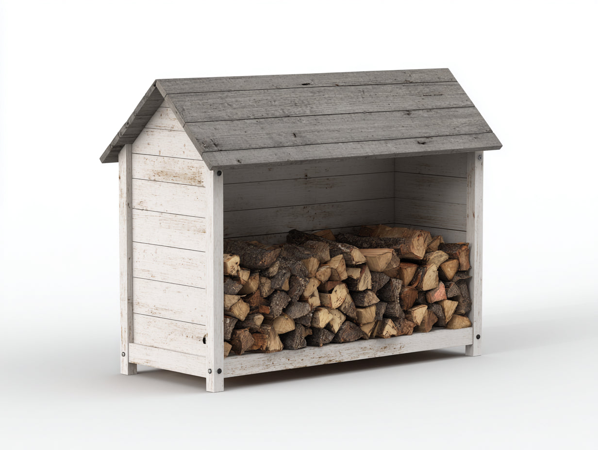 Leñero de jardín de madera 150x58x120 cm - blanco-gris - estilo rústico con techo inclinado
